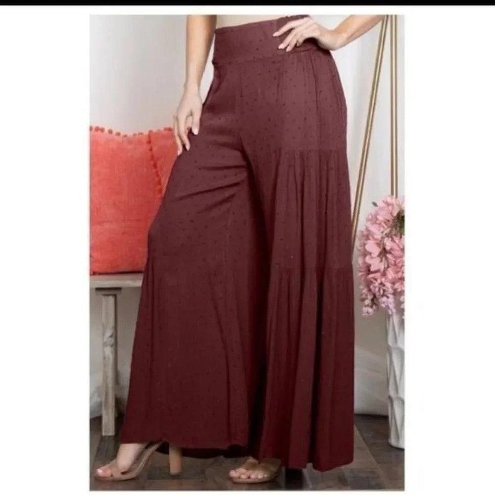 🧡6/$25🧡DARK PLUM HIGH WAIST SWISS DOT PALAZZO PANTS-NEW - Picture 3 of 5